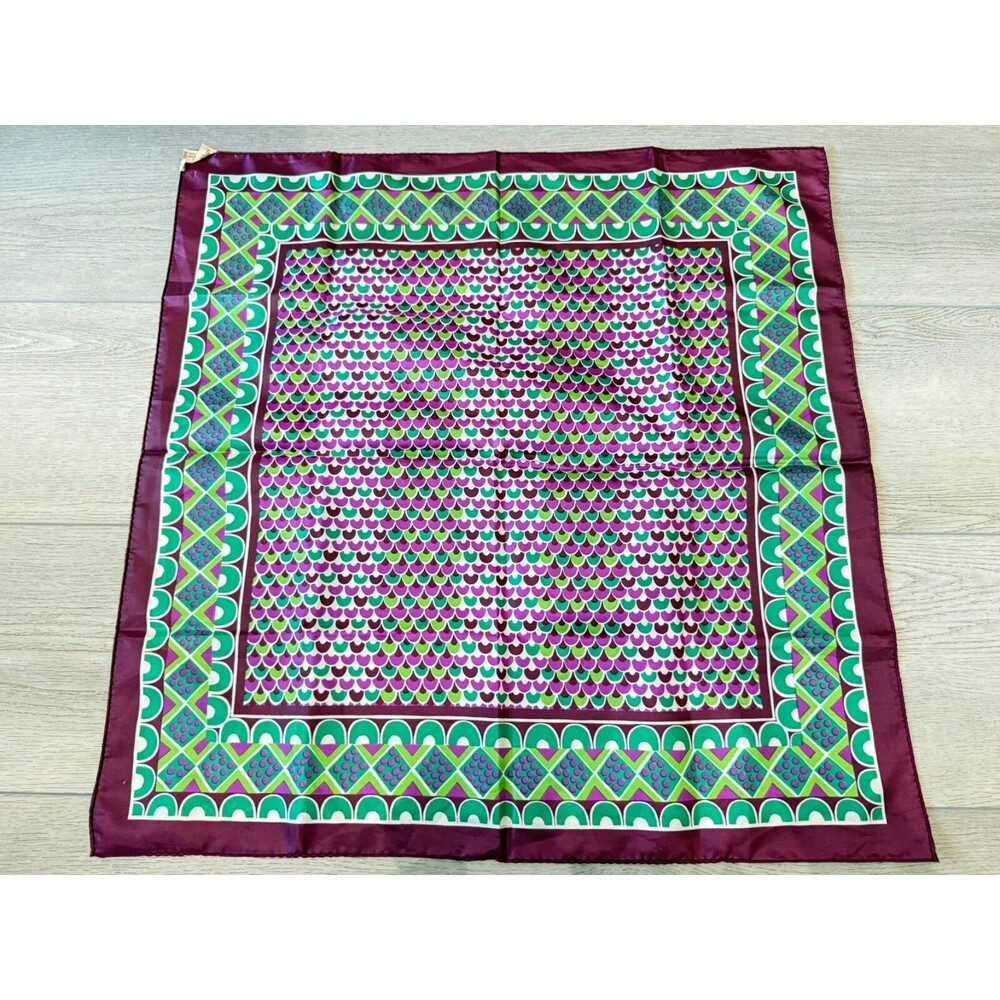 Vintage Sillook Japanese Geometric Scarf Scallop | Green and Purple | 27" Square - Picture 9 of 15